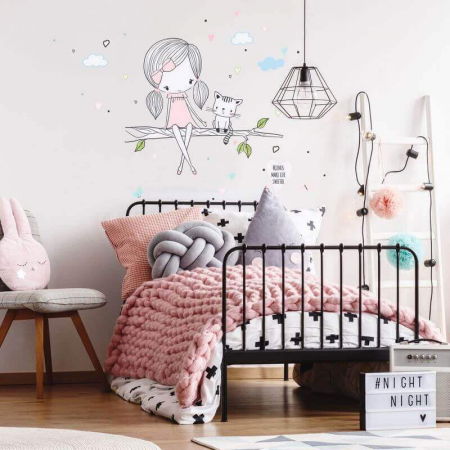 Stickere decorative si covorase - Zana INSPIO pe o ramura cu o pisica roz, 81 x 94 cm