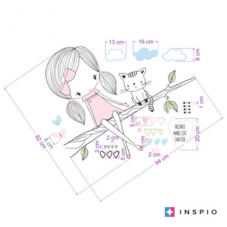 Stickere decorative si covorase - Zana INSPIO pe o ramura cu o pisica roz, 81 x 94 cm