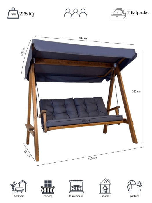 Balansoar de gradina PERA 2000, 2 locuri, 203x116x180 cm [5]