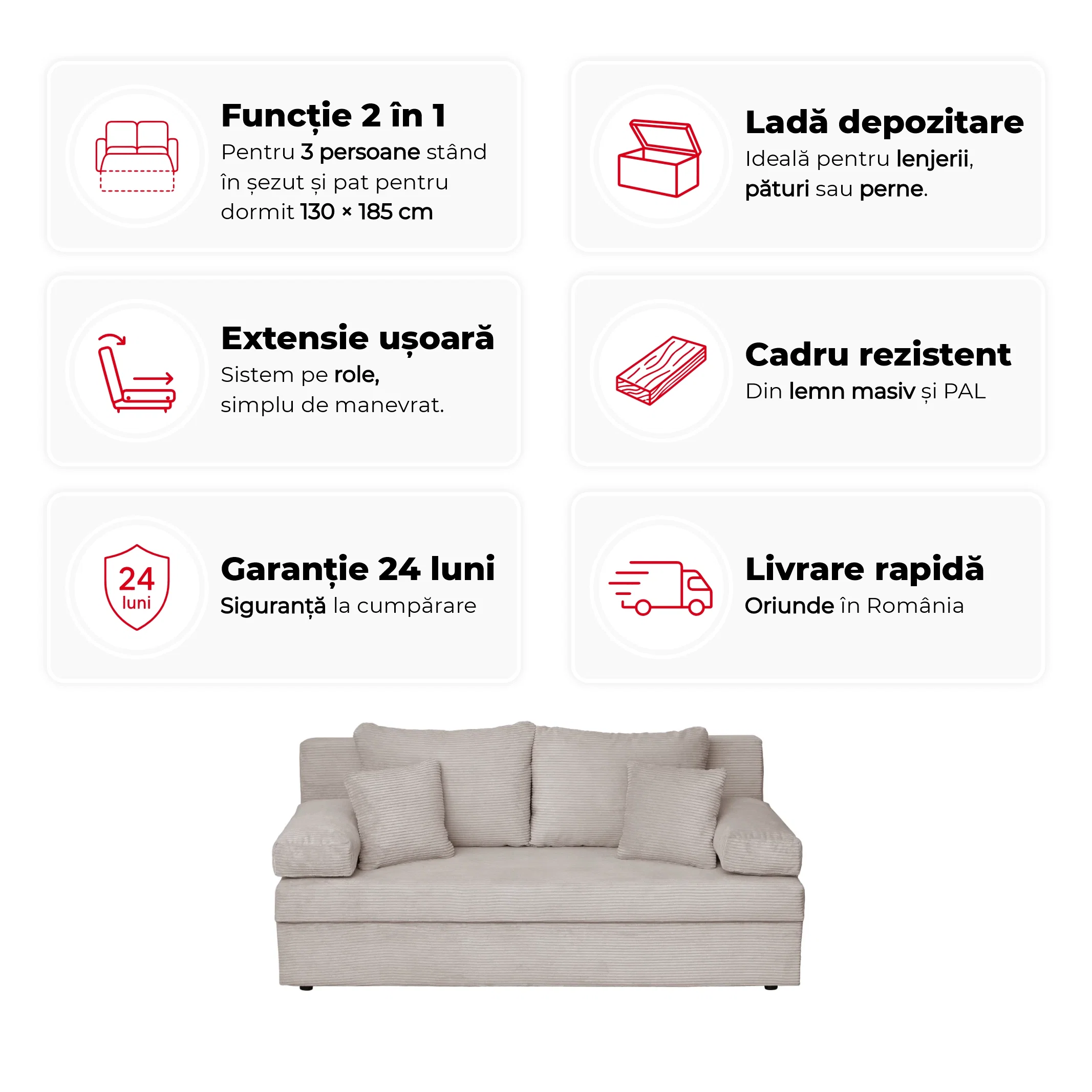Canapea ANA LUX extensibila, 3 locuri, cu lada depozitare, 185x82x80 cm - ExpoMob [2]