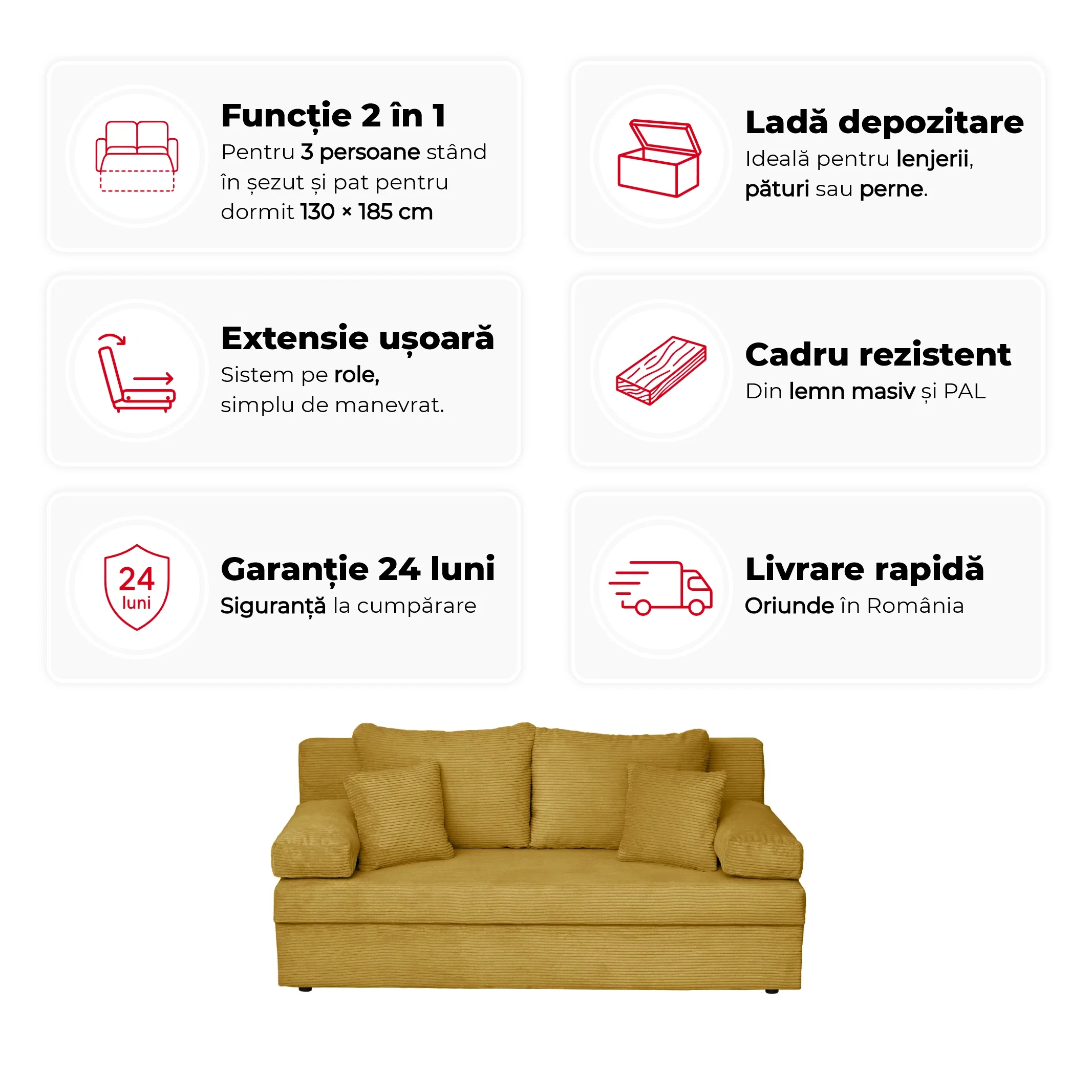 Canapea ANA LUX extensibila, 3 locuri, cu lada depozitare, 185x82x80 cm - ExpoMob [2]