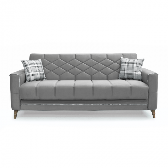 Canapea extensibila ALICE ONE, 3 locuri, cu arcuri si lada pentru depozitare, gri + print, 225x85x85 cm