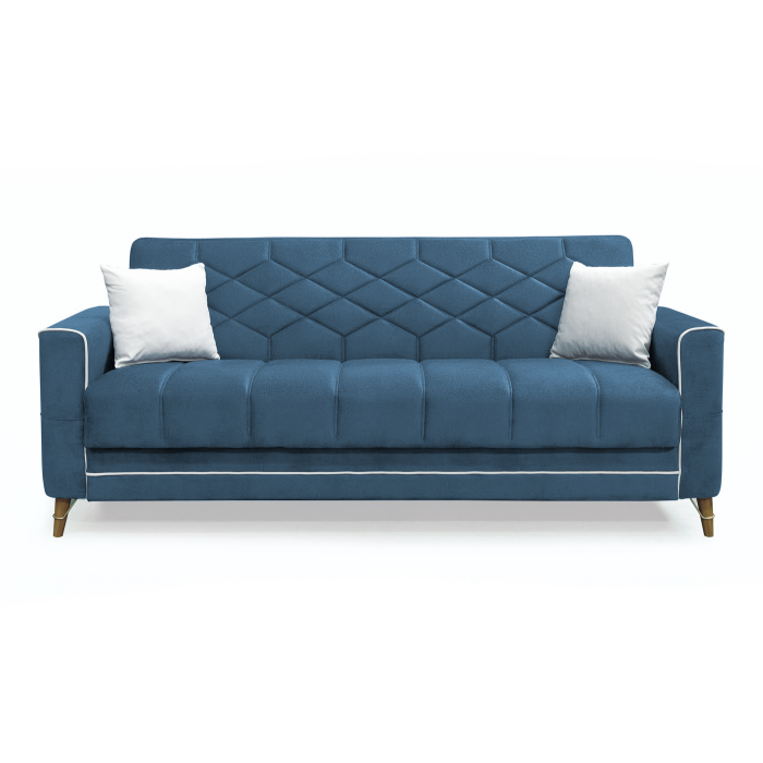 Canapea extensibila ALICE ONE, 3 locuri, cu arcuri si lada pentru depozitare, albastru + crem, 225x85x85 cm