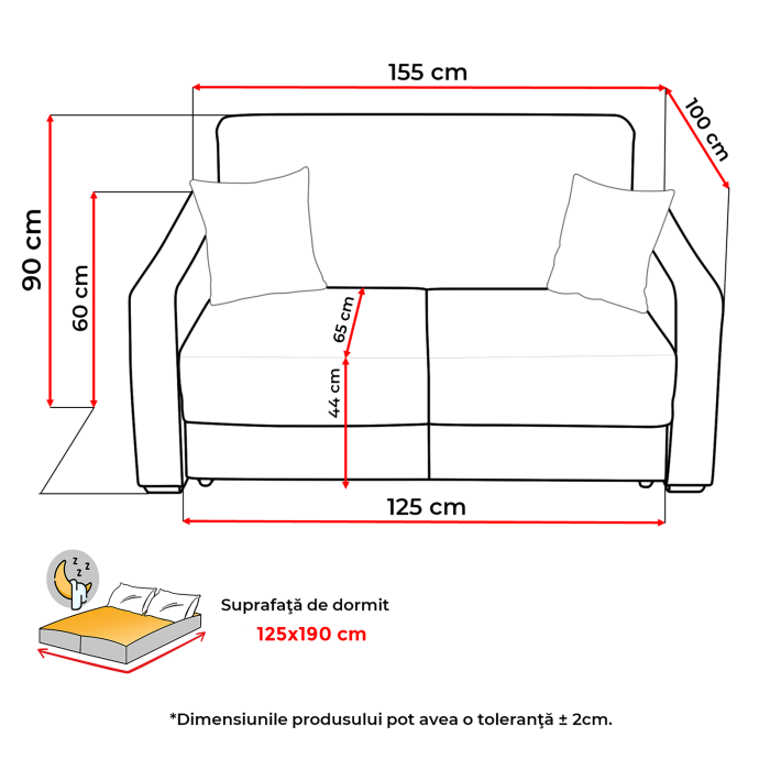 Canapea extensibila ASTI, 2 locuri, cu arcuri si lada depozitare, gri, 155x100x90 cm [8]