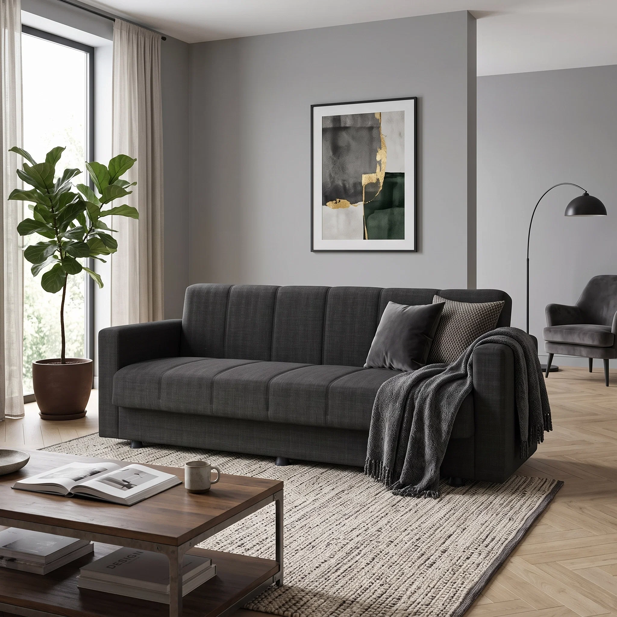 Canapea extensibila MARBELLA ONE, 3 locuri, cu arcuri si lada depozitare, antracit, 214x73x80 cm
