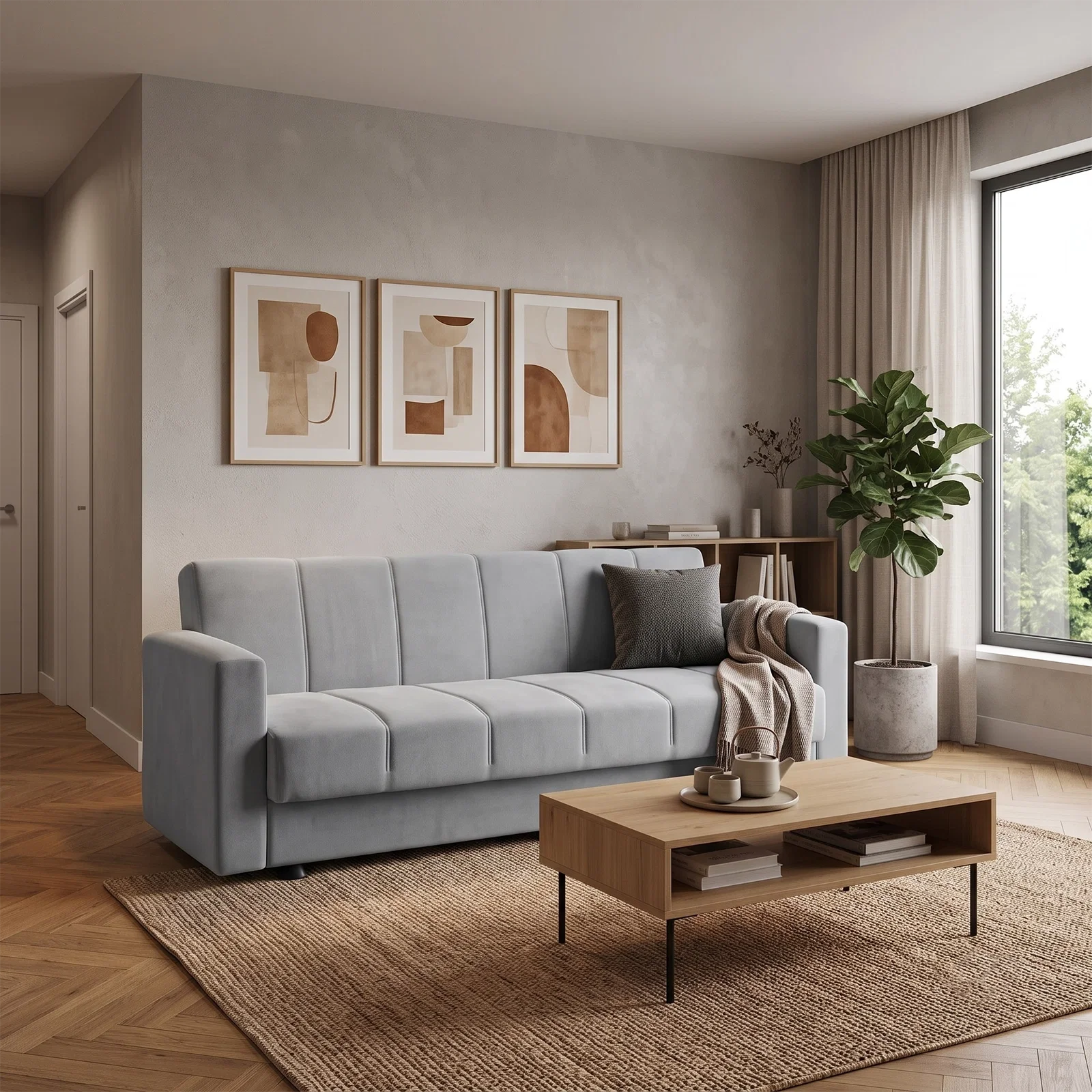 Canapea extensibila MARBELLA ONE, 3 locuri, cu arcuri si lada depozitare, gri, 214x73x80 cm