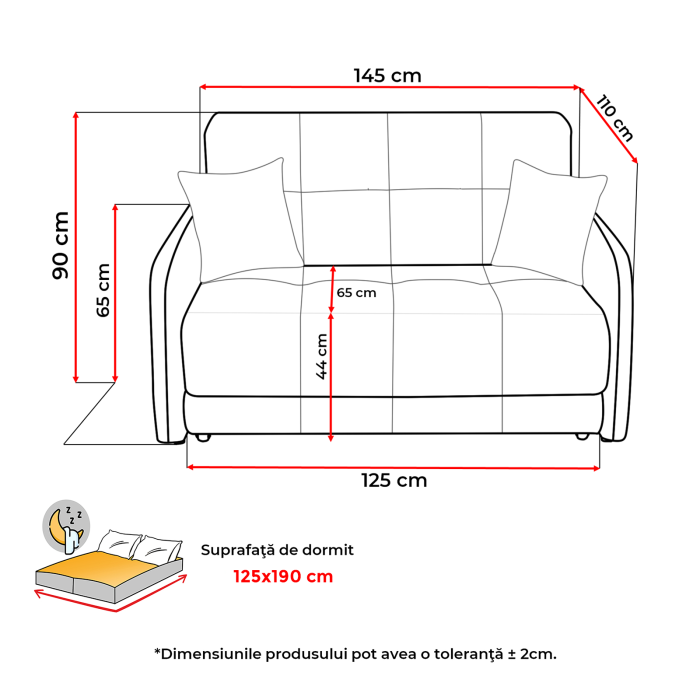 Canapea extensibila PARMA, 2 locuri, cu arcuri si lada depozitare, gri, 145x110x90 cm [8]