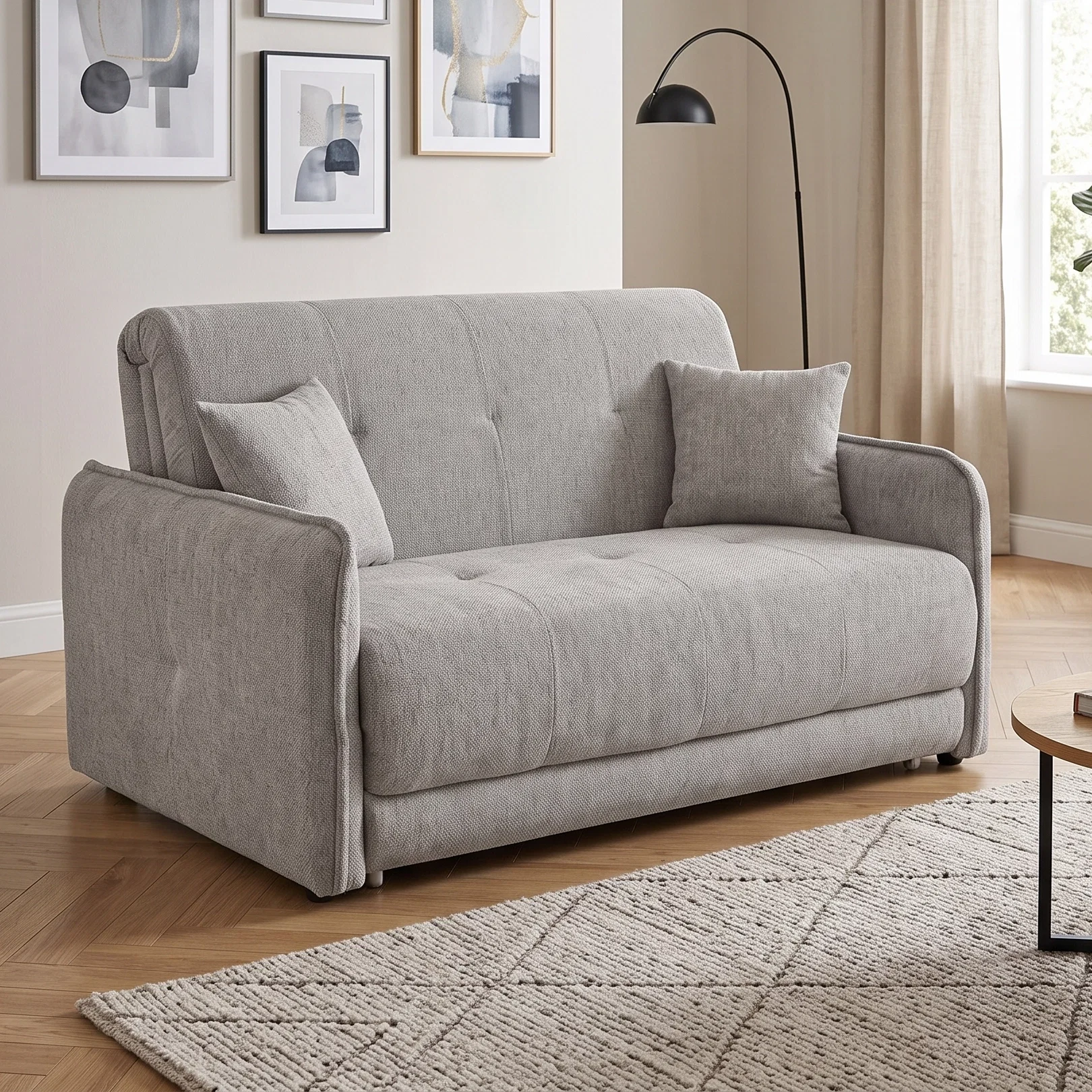 Canapea extensibila PARMA, 2 locuri, cu arcuri si lada depozitare, gri deschis, 145x110x90 cm