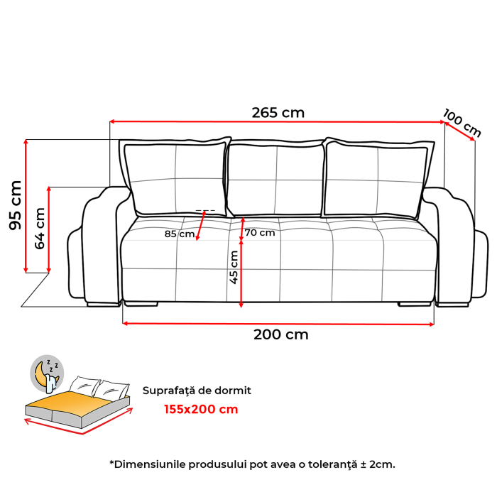 Canapea extensibila TOLEDO, 3 locuri, cu arcuri si lada depozitare, maro deschis, 265x100x95 cm [8]