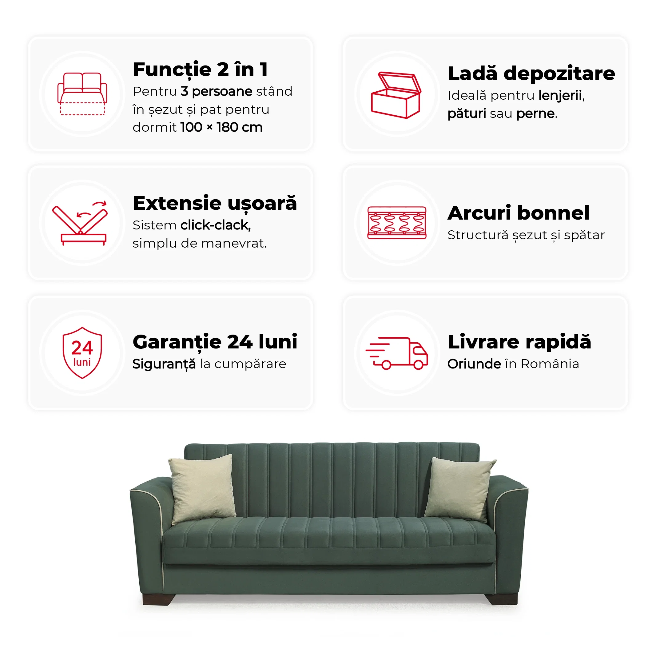 Canapea QUEEN extensibila, 3 locuri, cu arcuri si lada depozitare, 218x70x80 cm - ExpoMob [3]