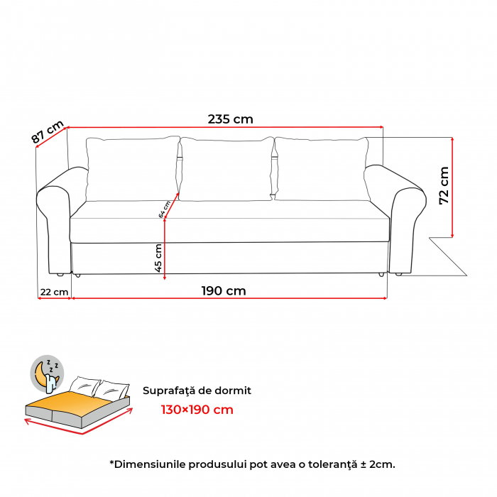 Canapea SARA extensibila, 3 locuri, cu lada depozitare, 235x90x75 cm - ExpoMob [7]
