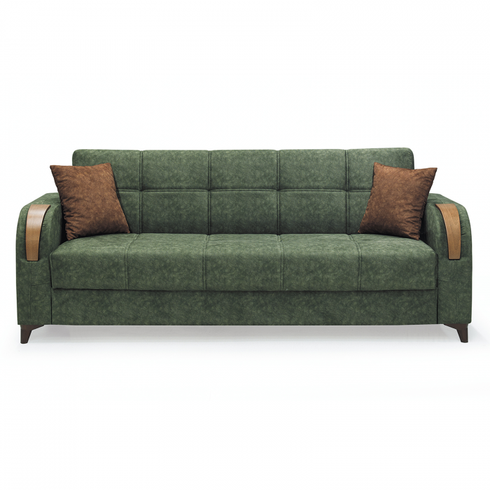 Canapea ZETA extensibila, 3 locuri, cu arcuri si lada depozitare, verde + maro, 225x84x85 cm