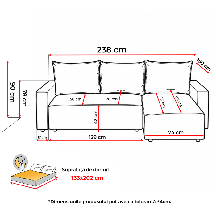 Coltar extensibil PORTA, cu arcuri si lada depozitare, colt interschimbabil, 238x150x90 cm [10]
