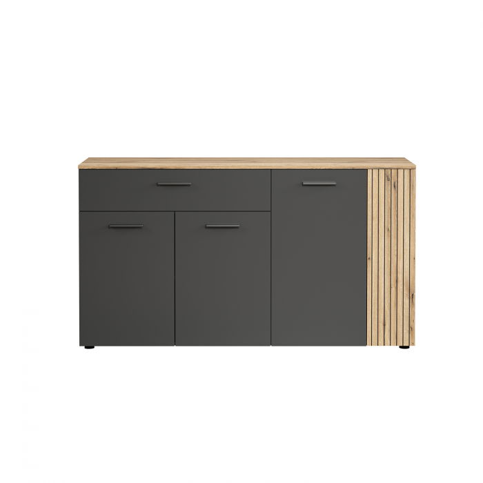 Comoda ESTEBAN, 4 usi, 1 sertar, grafit + stejar evok, 150x42x83 cm