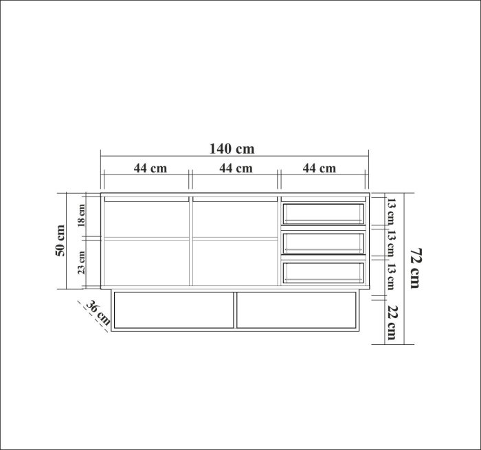 Comoda RUBA, 2 usi, 3 sertare, 4 rafturi, 140x36x72 cm [10]