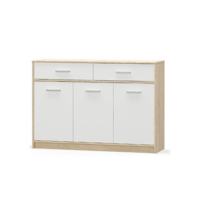 Comoda TIPS, 3 usi, 2 sertare, stejar sonoma + alb, 123,2x34,3x85,5 cm