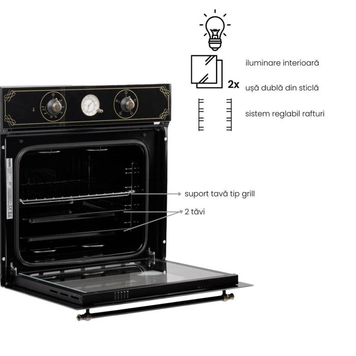 Cuptor incorporabil Hausberg HB-8055RST, 57L, electric, putere 2000W, 4 functii, ventilatie, timer, Clasa A, culoare negru + auriu [4]