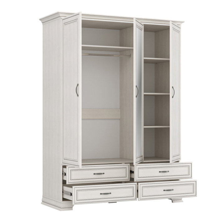 Dulap 3 usi si 4 sertare cu oglinda TIFFANY, cu bara haine si rafturi, crem fineline, 159x62,4x212,1 cm [2]