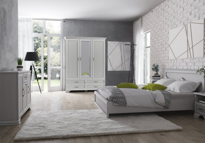 Dulap 3 usi si 4 sertare cu oglinda TIFFANY, cu bara haine si rafturi, crem fineline, 159x62,4x212,1 cm [3]