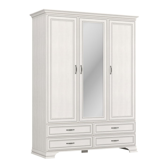 Dulap 3 usi si 4 sertare cu oglinda TIFFANY, cu bara haine si rafturi, crem fineline, 159x62,4x212,1 cm [1]