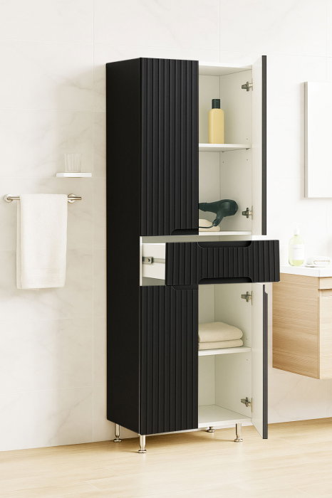 Dulap baie seria 033, front MDF, 4 usi, 1 sertar, negru, 60x31.6x166 cm [2]