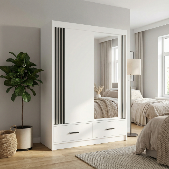 Dulap CANADA CA24-15, usi glisante, 2 sertare, 5 rafturi, bara de haine, oglinda, alb + negru, 150x60x215 cm [2]