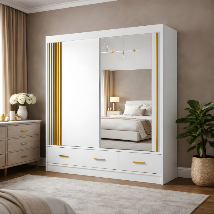 Dulap CANADA CA25-20, usi glisante, 3 sertare, 5 rafturi, bara de haine, oglinda, alb + auriu, 200x60x215 cm [3]