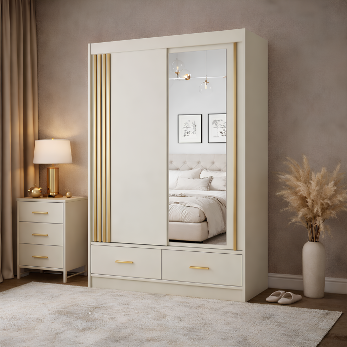 Dulap CANADA CA35-15, usi glisante, 2 sertare, 5 rafturi, bara de haine, oglinda, casmir + auriu, 150x60x215 cm [3]