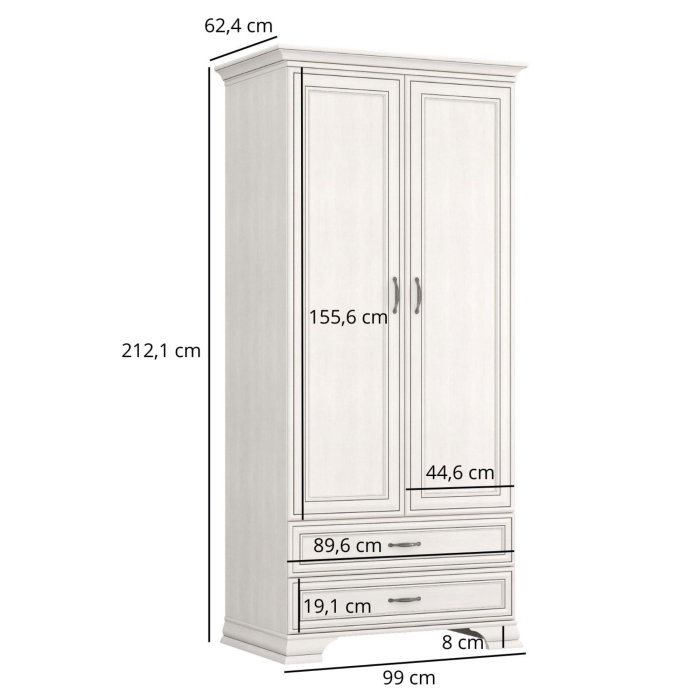 Dulap cu 2 usi si 2 sertare TIFFANY II, cu bara haine, crem fineline, 99x62,4x212,1 cm [3]