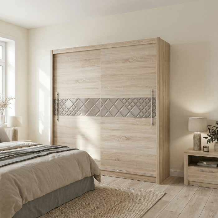 Dulap D03-15, usi glisante, 6 rafturi, bara de haine, corp sonoma deschis, fronturi cappuccino, 150x59x215 cm - ExpoMob [3]