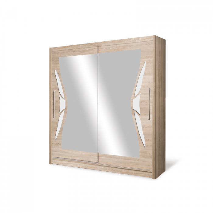 Dulap D08-15, usi glisante, 6 rafturi, bara de haine, oglinda, sonoma, 150x59x215 cm