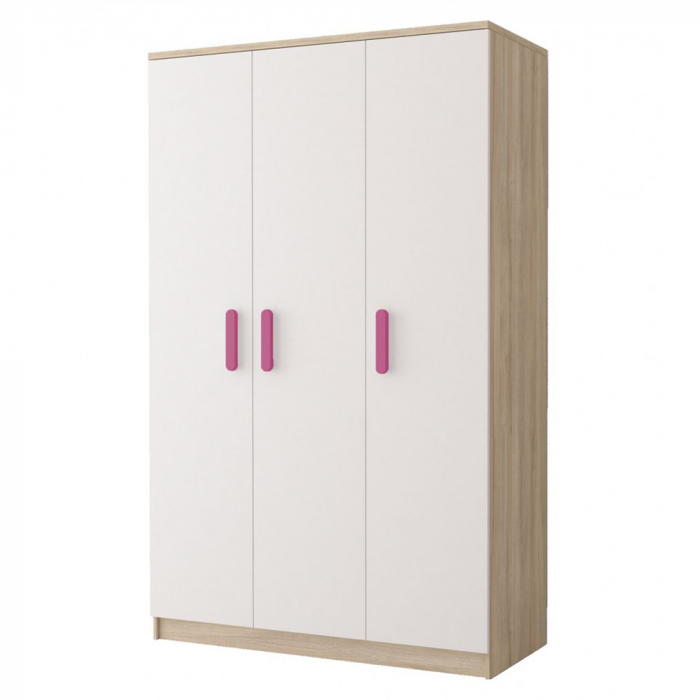 Dulap SMYK III - 19, 3 usi, corp sonoma, front alb, roz, 120x50x193 cm