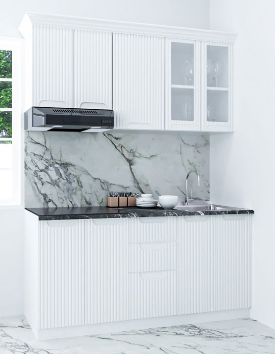 Set bucatarie SPACE 160.01 cm, 6 corpuri, blat termorezistent, fronturi MDF, alb rustic