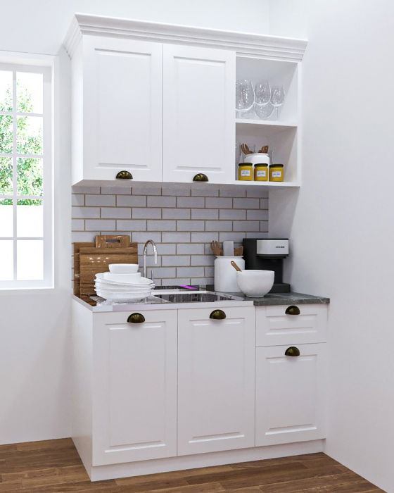 Set bucatarie SQUARE 120 cm, 2 corpuri, cu sertar, blat termorezistent, fronturi MDF, alb antichizat