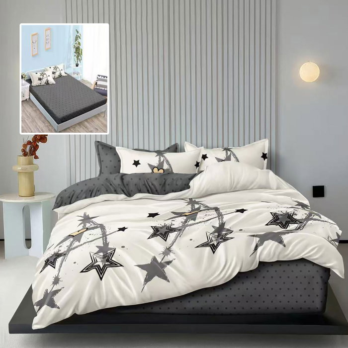 Lenjerie de pat finet 6 piese, cearceaf pat cu elastic, cearceaf pilota 200x230, 2 fete perna 50x70, 2 fete perna 70x70, Extra, Stelute [1]