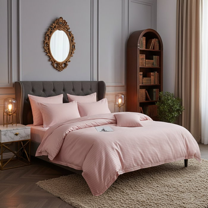 Lenjerie de pat pentru 1 persoana, Bumbac Damasc 100%, 3 piese, Cearceaf pat 160x240, Cearceaf pilota 150x210, Fete de perne 50x70, roz pudra [1]