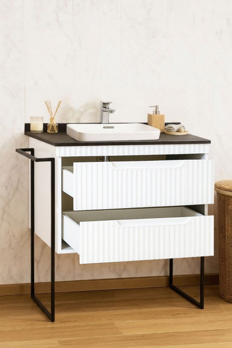 Set Baza front MDF si Lavoar seria 633, cu sertare, cadru metalic, montata, 80 cm, alb rustic [2]