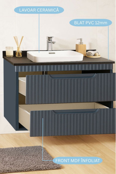 Set Baza front MDF si Lavoar seria 633, cu sertare, cadru metalic, montat, 80 cm, antracit [3]