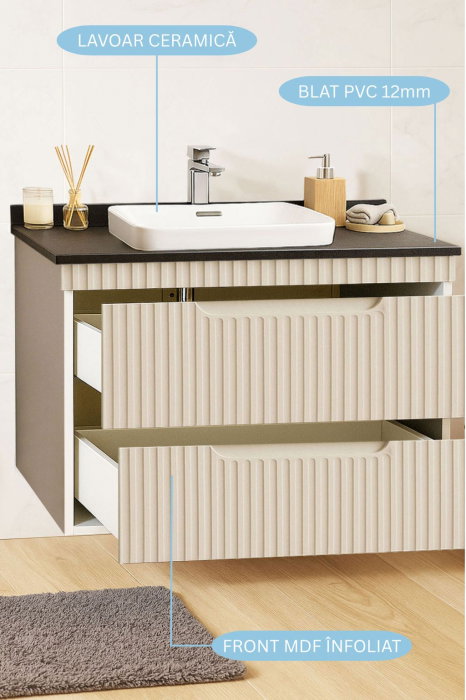 Set Baza front MDF si Lavoar seria 633, cu sertare, cadru metalic, montat, 80 cm, crem [3]