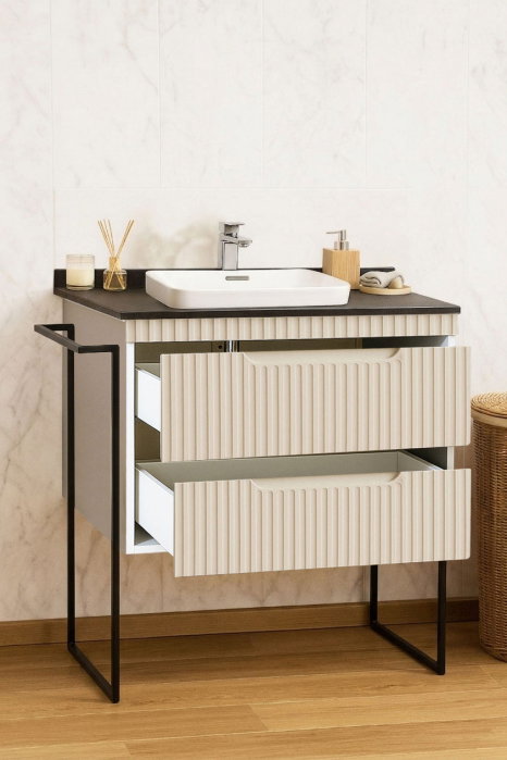 Set Baza front MDF si Lavoar seria 633, cu sertare, cadru metalic, montat, 80 cm, crem [2]