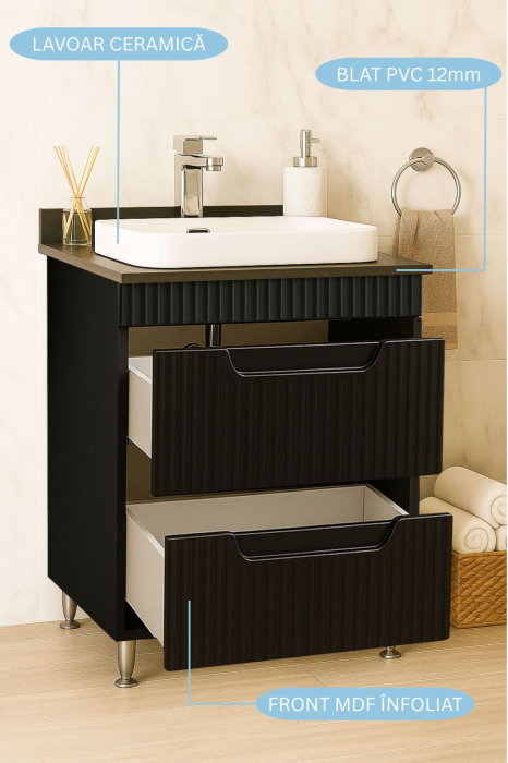 Set Baza front MDF si Lavoar seria 633, cu sertare, montat, 60 cm, negru [2]