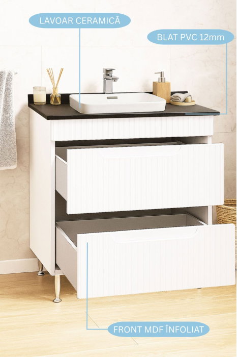 Set Baza front MDF si Lavoar seria 633, cu sertare, montat, 80 cm, alb rustic [2]