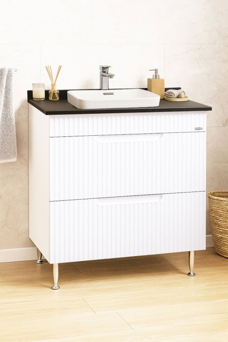 Set Baza front MDF si Lavoar seria 633, cu sertare, montat, 80 cm, alb rustic [1]