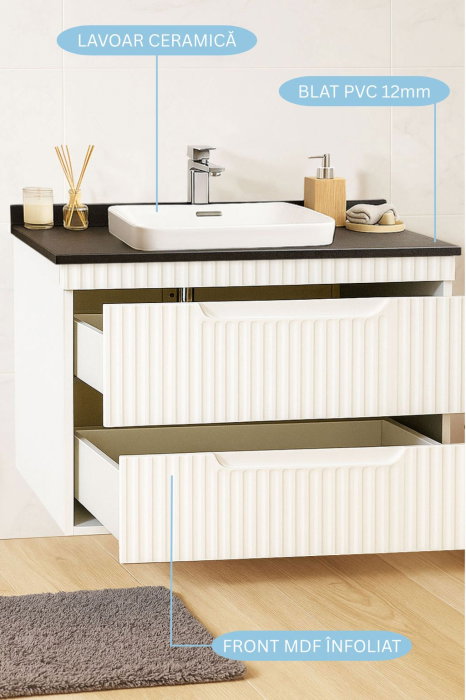 Set Baza front MDF si Lavoar seria 633, suspendata, cu sertare, montat, 80 cm, alb rustic [2]