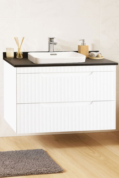 Set Baza front MDF si Lavoar seria 633, suspendata, cu sertare, montat, 80 cm, alb rustic [1]