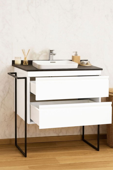 Set Baza front MDF si Lavoar seria 633, cu sertare, cadru metalic, montat, 80 cm, alb rustic [2]