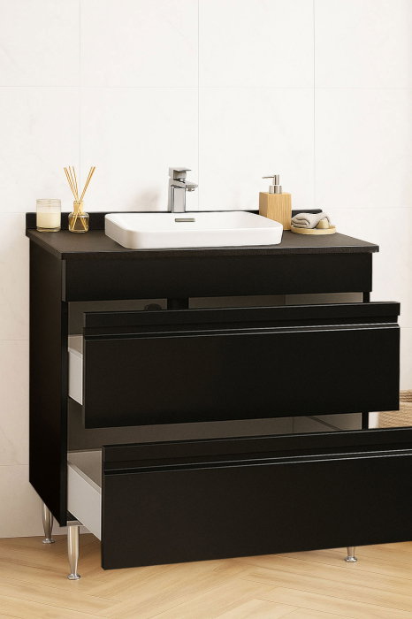 Set Baza front MDF si Lavoar seria 686, cu sertare, montat, 80 cm, negru [2]