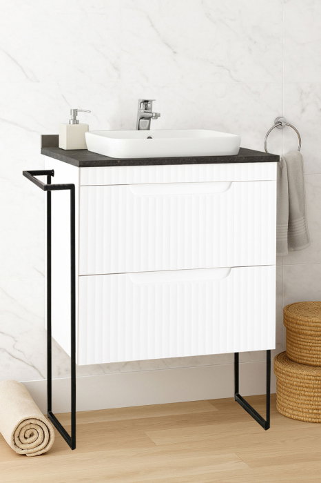 Set Baza front MDF si Lavoar seria 633, cu sertare, cadru metalic, montat, 60 cm, alb rustic