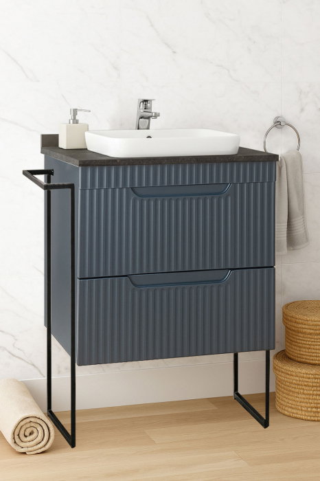 Set Baza front MDF si Lavoar seria 633, cu sertare, cadru metalic, montat, 60 cm, antracit