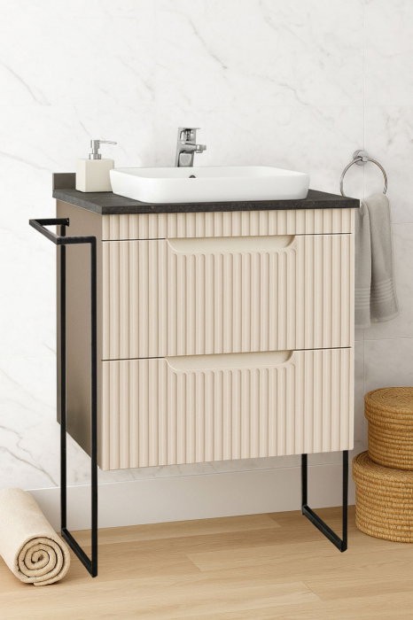 Set Baza front MDF si Lavoar seria 633, cu sertare, cadru metalic, montat, 60 cm, crem